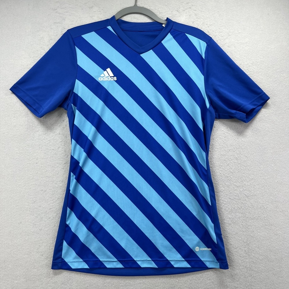 Adidas Aeroready Shirt Mens Small Blue Striped Short Sleeve 19 Soccer Jersey Tee